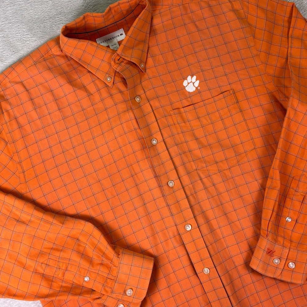 Cutter & Buck Men's Button Down Shirt Sz XL Orange Plaid‎ Clemson IPA Logo